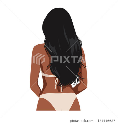 Woman with long black hair wearing a bikini, minimal design, enjoying a sunny beach, vector illustration 124546687