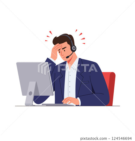 Frustrated customer service representative in a headset showing stress while working at a computer in flat vector illustration Frustrated customer service representative in a headset showing stress while working at a computer in flat vector illustration 124546694