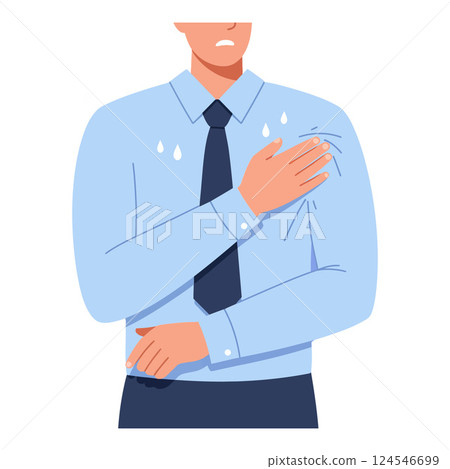 Man in a light blue shirt showing signs of nervousness with sweat droplets in a detailed flat vector illustration 124546699