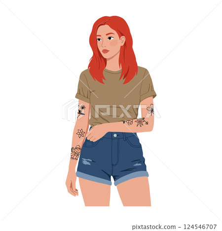 Young woman with red hair wearing a casual outfit featuring detailed tattoos on her arms vector illustration 124546707