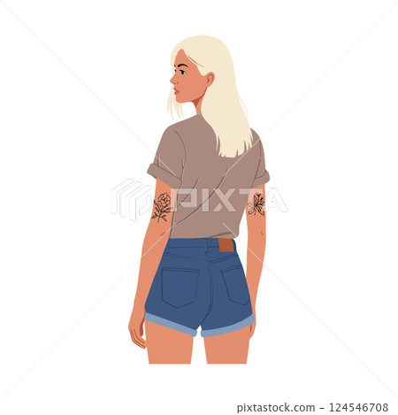 Young woman with shoulder-length blonde hair wearing a grey shirt and denim shorts in a flat vector illustration 124546708