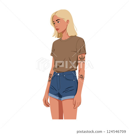 Young woman with blonde hair wearing a brown shirt and denim shorts in minimal vector art 124546709