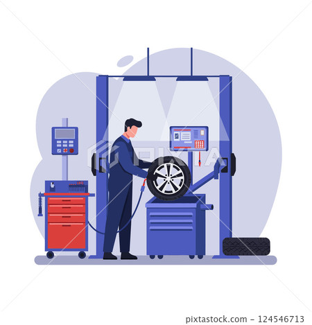 Mechanic working on a car tire at an automotive workshop in flat vector illustration 124546713