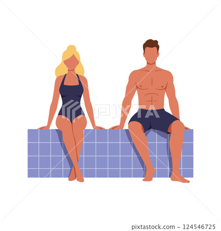 Two friends sitting by a swimming pool in a flat and minimal vector illustration Two friends sitting by a swimming pool in a flat and minimal vector illustration 124546725