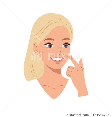 Young woman with light blonde hair smiling and pointing at her cheek in flat vector illustration 124546726