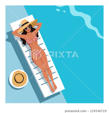 A woman relaxing on a sun lounger by the pool in flat vector art 124546729