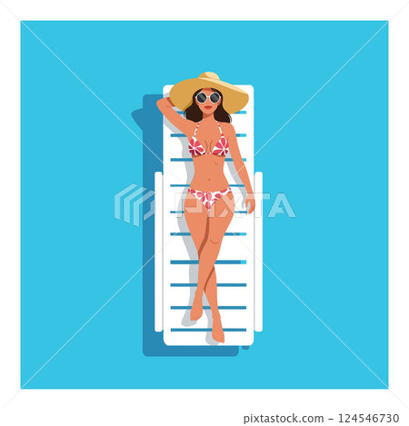 Woman relaxing on a sun lounger under a bright blue sky in flat vector art 124546730