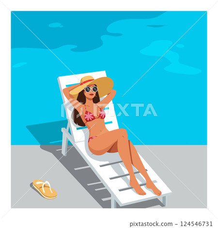 A woman relaxing on a lounge chair by a turquoise pool in flat vector art 124546731