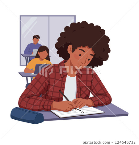 Student with curly hair focused on writing notes in a classroom setting, flat vector illustration 124546732