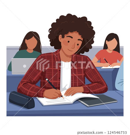 Student writing notes in a classroom setting with flat vector illustration style emphasizing focus and engagement in learning vector art Student writing notes in a classroom setting with flat vector illustration style emphasizing focus and engagement in learning vector art 124546733