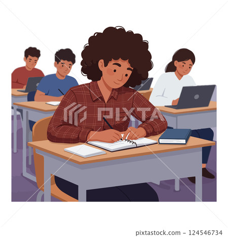 Student in a plaid shirt writing notes in a classroom setting, minimal vector illustration 124546734