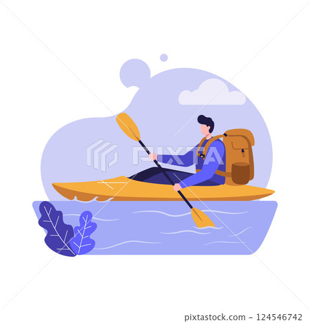 A man kayaking on a tranquil waterbody in a flat vector illustration showcasing adventure and outdoor leisure activities 124546742