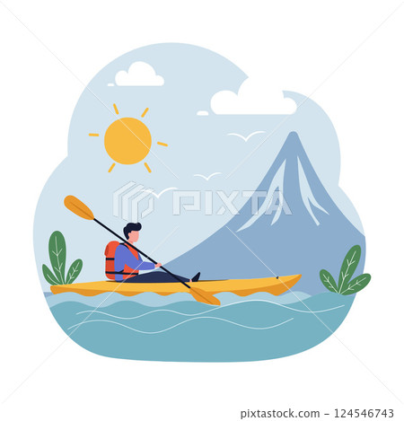 Kayaker paddling on a serene lake surrounded by mountains in a flat vector illustration 124546743