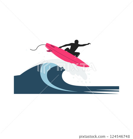 A surfer performing an aerial move on a vibrant wave in flat vector art 124546748