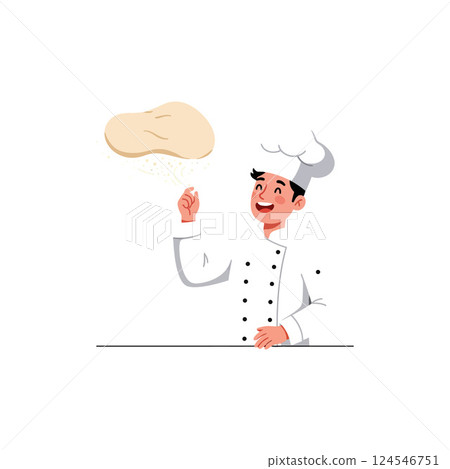 A cheerful chef tossing pizza dough in the air, featuring a flat and minimal design style, showcasing skill and joy in vector art A cheerful chef tossing pizza dough in the air, featuring a flat and minimal design style, showcasing skill and joy in vector art 124546751