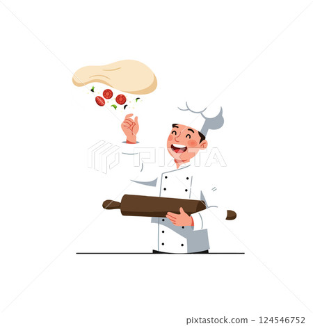 Chef tossing dough with toppings in a joyful kitchen setting, showcasing a flat design style in vibrant colors, vector illustration 124546752