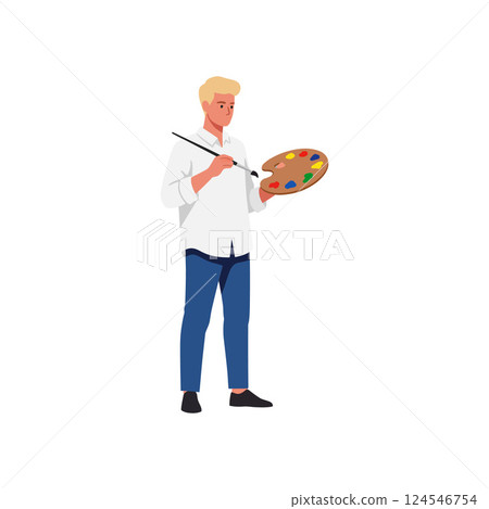 A young artist holding a colorful palette and paintbrush while standing in a creative workspace, showcasing a flat vector illustration 124546754