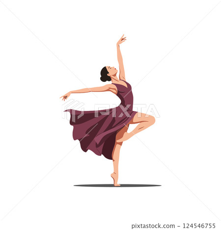 Elegant dancer in a flowing maroon dress performing a graceful pose in flat vector illustration Elegant dancer in a flowing maroon dress performing a graceful pose in flat vector illustration 124546755