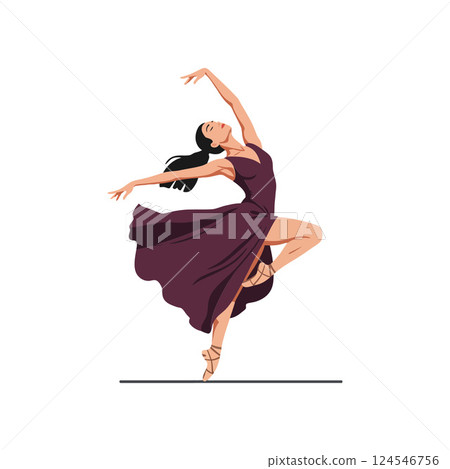 Graceful dancer in a flowing dress performing an elegant ballet pose in minimal vector art Graceful dancer in a flowing dress performing an elegant ballet pose in minimal vector art 124546756
