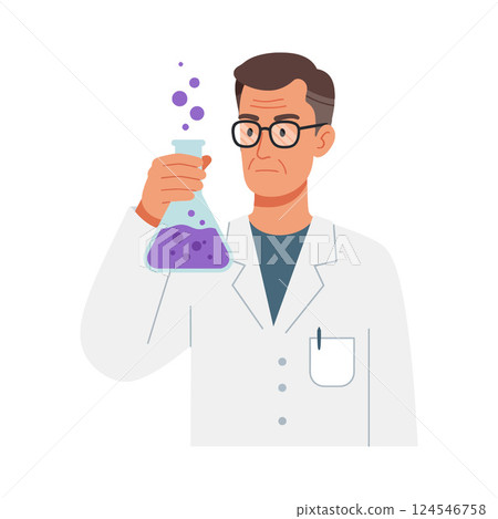 Scientist in a lab coat examining a purple liquid in a beaker, flat vector art Scientist in a lab coat examining a purple liquid in a beaker, flat vector art 124546758