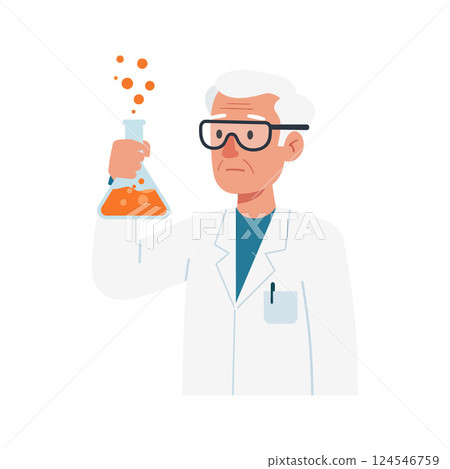 Scientist wearing glasses holding a flask filled with orange liquid in a flat vector illustration 124546759
