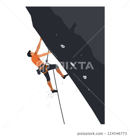 Climber scaling a steep rock face in a flat minimal vector illustration showcasing determination and adventure Climber scaling a steep rock face in a flat minimal vector illustration showcasing determination and adventure 124546773