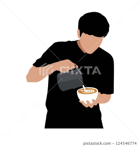 Barista pouring milk into a bowl for latte art in minimal vector illustration 124546774