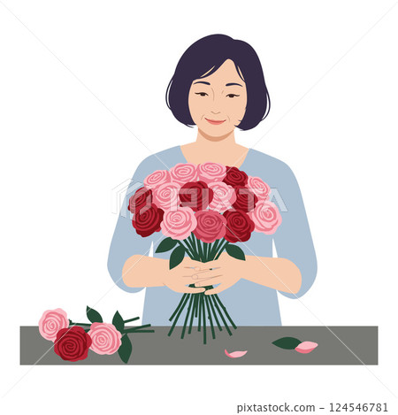 A woman delicately arranging a bouquet of pink and red roses in a minimal vector illustration 124546781