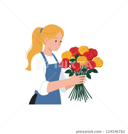 A woman holding a bouquet of colorful roses in a flat vector illustration 124546782