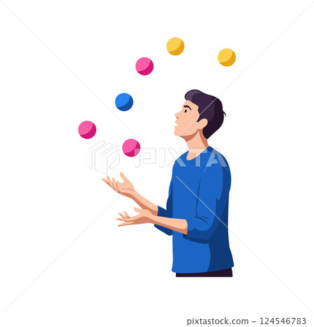 A young man skillfully juggling colorful balls in a flat, minimal design vector illustration 124546783