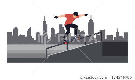 A skateboarder performing tricks on a rail in a city skyline flat vector illustration A skateboarder performing tricks on a rail in a city skyline flat vector illustration 124546790