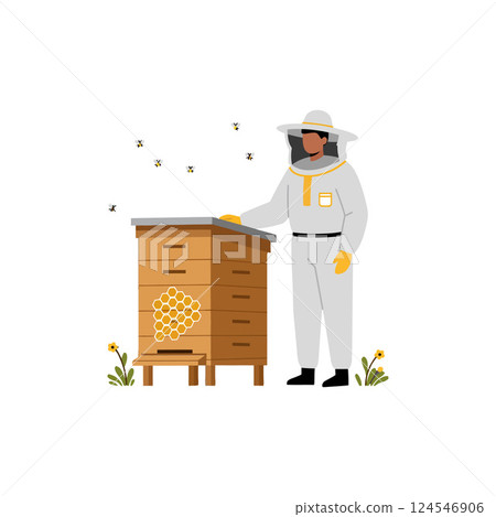Beekeeper in protective suit tending to beehive with bees flying around in flat vector illustration 124546906