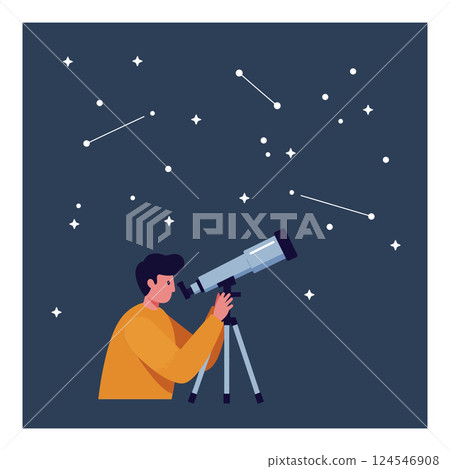 A man observing stars through a telescope in a dark sky, flat vector art 124546908