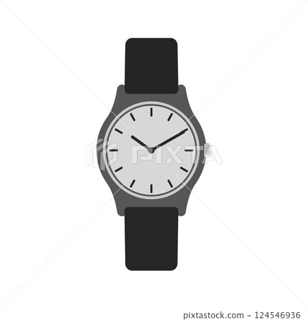 Simple grey wristwatch with black strap in flat design showcasing minimal elegance vector illustration Simple grey wristwatch with black strap in flat design showcasing minimal elegance vector illustration 124546936