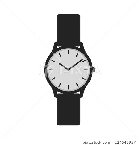 Stylish black wristwatch featuring a minimal design with a classic round face in flat vector art 124546937