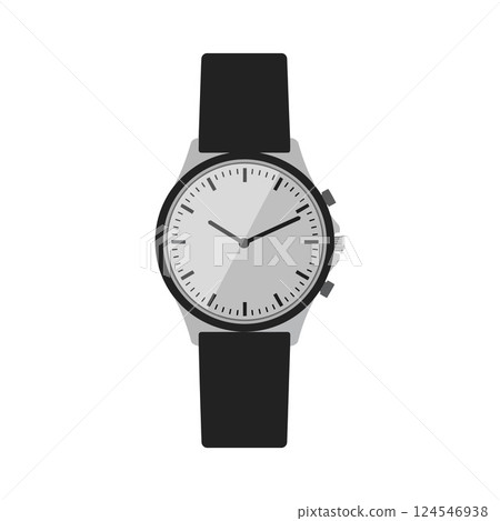 Sleek black strap wristwatch with minimalist design showcasing precision timekeeping in flat vector art Sleek black strap wristwatch with minimalist design showcasing precision timekeeping in flat vector art 124546938