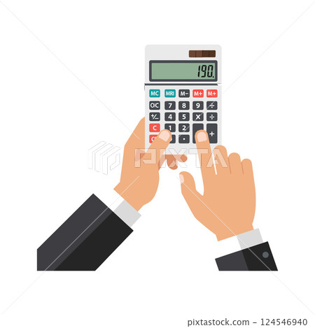 Hands holding a calculator with business attire in a minimal flat design vector illustration 124546940