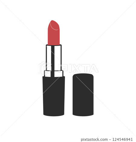 Lipstick tube in sleek black casing showcasing a vibrant red color in minimal vector illustration 124546941