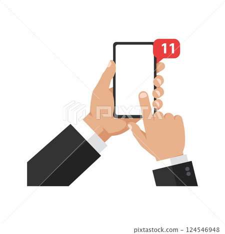 Hands holding a smartphone with notifications in a minimal flat design vector illustration Hands holding a smartphone with notifications in a minimal flat design vector illustration 124546948