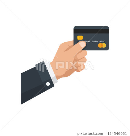 Hand holding a credit card in a formal suit style, flat vector illustration representing payment and finance activities 124546961