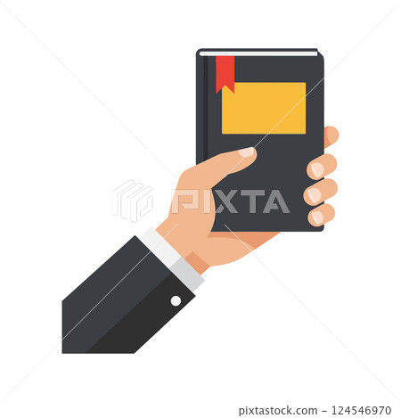 Hand holding a black book with a yellow label in a flat design vector illustration Hand holding a black book with a yellow label in a flat design vector illustration 124546970
