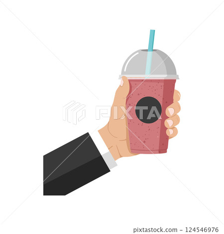 Hand holding a refreshing pink smoothie in a cup with a straw, flat vector illustration Hand holding a refreshing pink smoothie in a cup with a straw, flat vector illustration 124546976