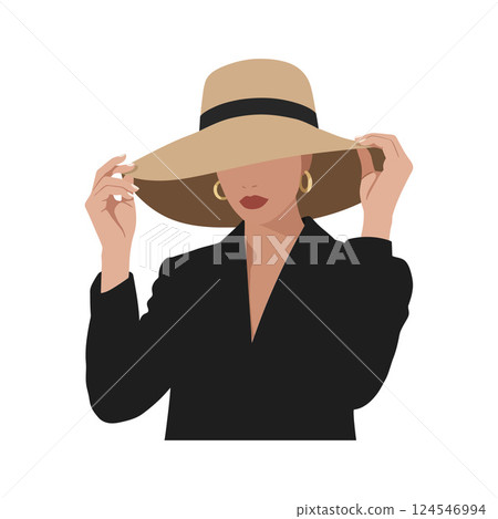 Stylish woman in a black outfit adjusting her wide-brimmed hat in flat vector art 124546994