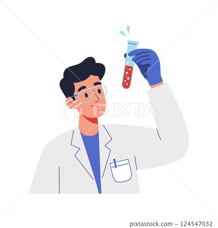 Scientist analyzing a test tube filled with colorful liquid, flat vector illustration of laboratory setting 124547032
