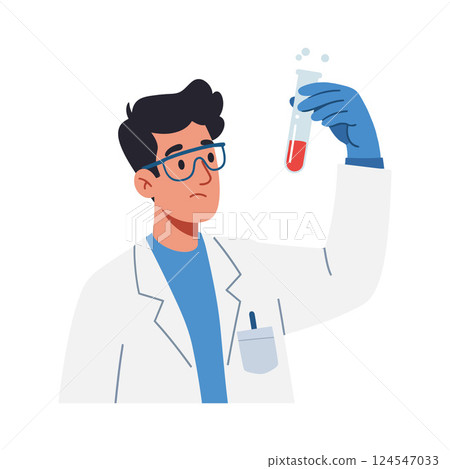 Scientist in white lab coat examining red liquid in test tube, flat vector illustration Scientist in white lab coat examining red liquid in test tube, flat vector illustration 124547033