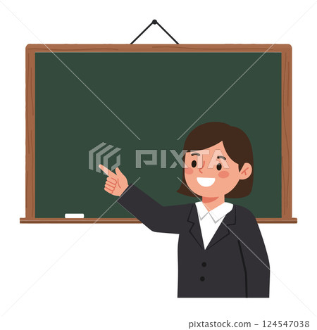Teacher in a black suit pointing at a green chalkboard in a flat vector illustration 124547038