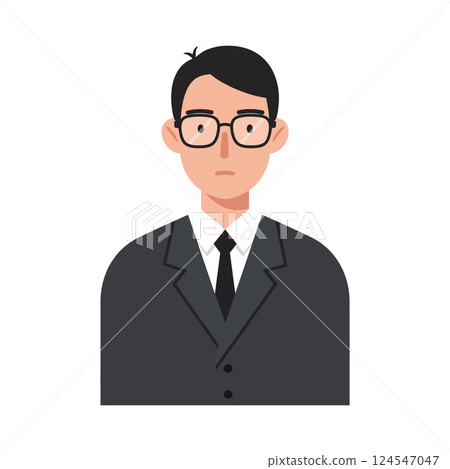 Professional man in a suit with glasses, flat design vector illustration capturing a serious expression 124547047