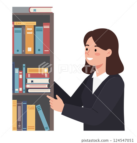 A woman organizing colorful books on a modern bookshelf in flat vector art 124547051