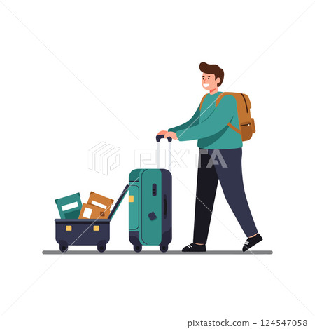 A young man with a backpack and suitcase, walking confidently in a flat vector illustration 124547058