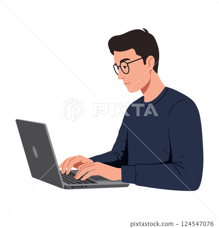 Young man focused on typing at a laptop in a minimalistic flat vector illustration Young man focused on typing at a laptop in a minimalistic flat vector illustration 124547076